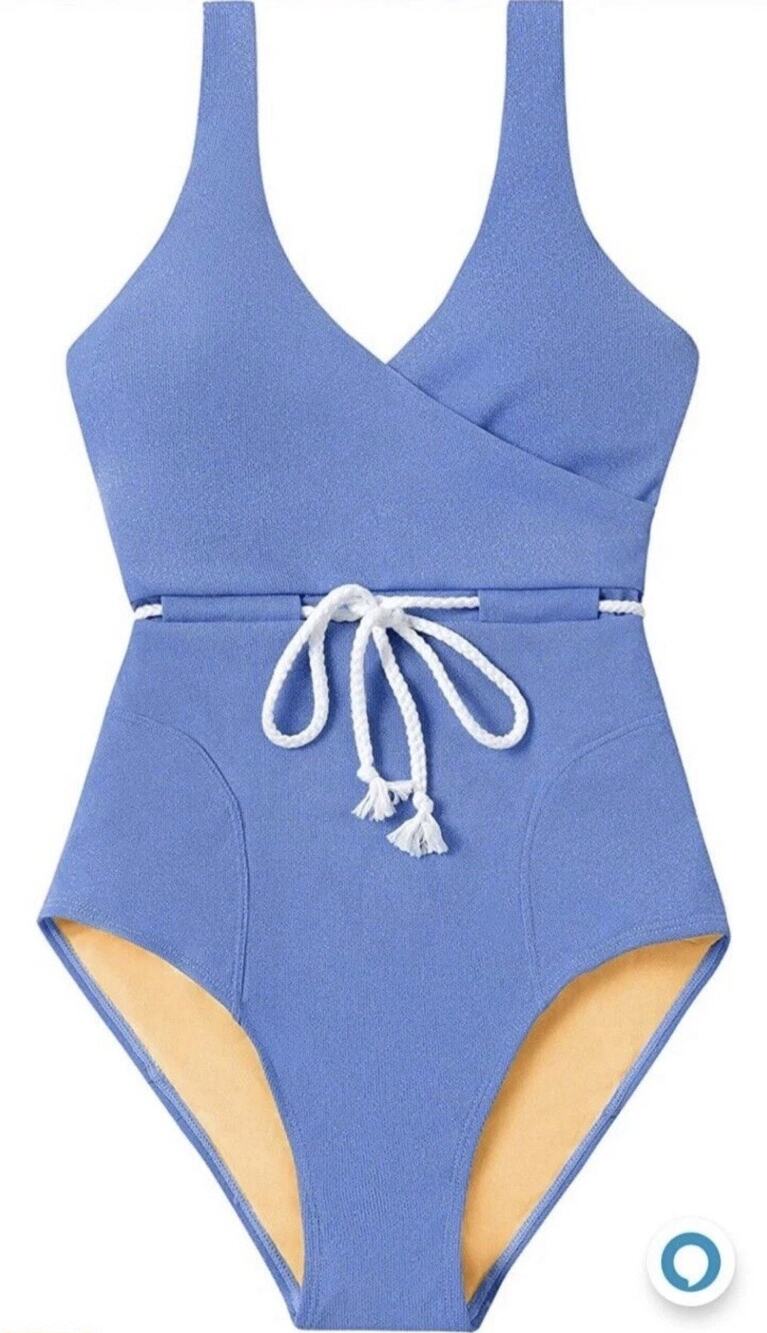 MOLYBELL 1 Piece Woman's High Cut Low Back Shimmer Swimsuit Blue Sz Small